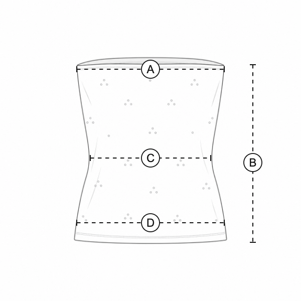 The piece laid flat, with a lettered line for each measurement