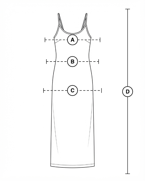 The piece laid flat, with a lettered line for each measurement