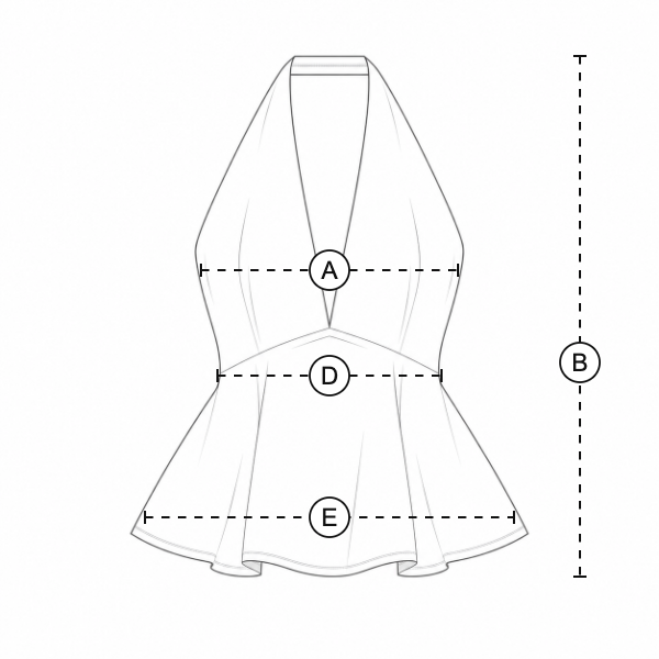 The piece laid flat, with a lettered line for each measurement
