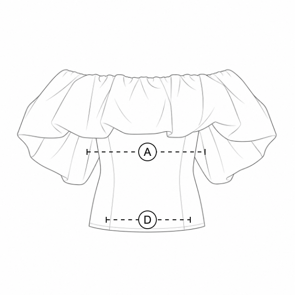The piece laid flat, with a lettered line for each measurement