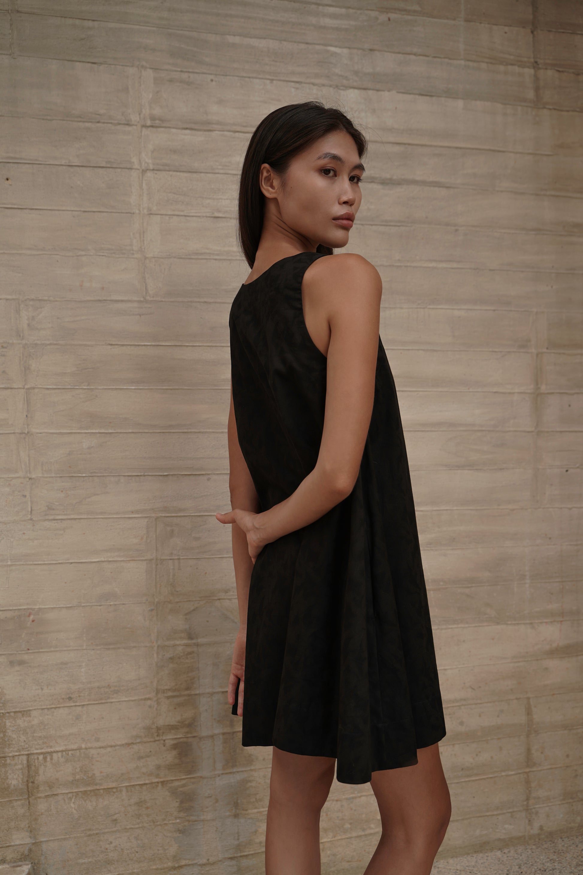 Trapeze Jacquard Dress – 3/4 back view