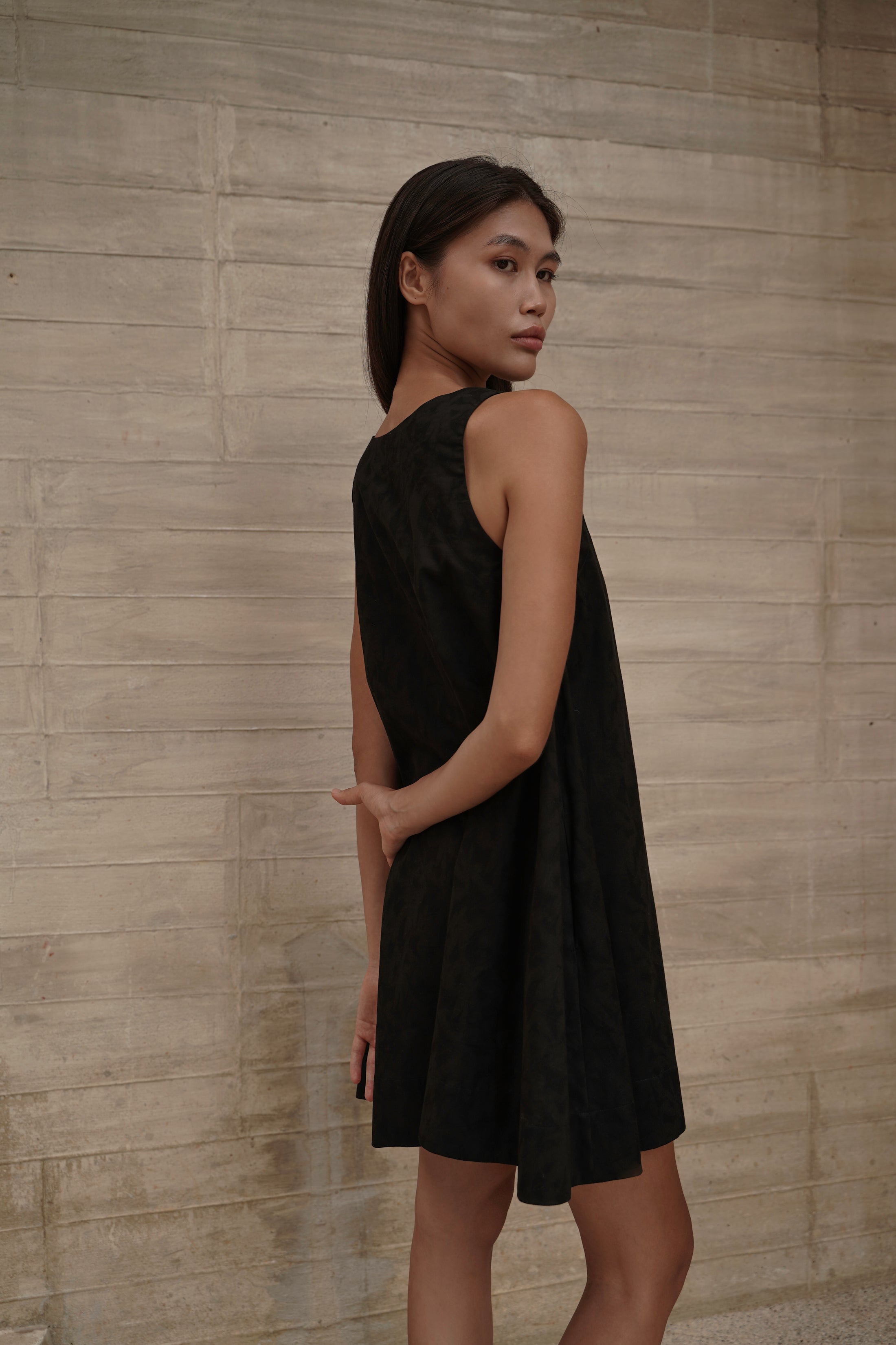 Trapeze Jacquard Dress – 3/4 back view