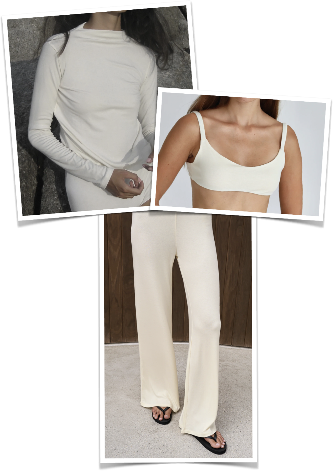 Long sleeve, slip top and low-rise flared trousers in ivory