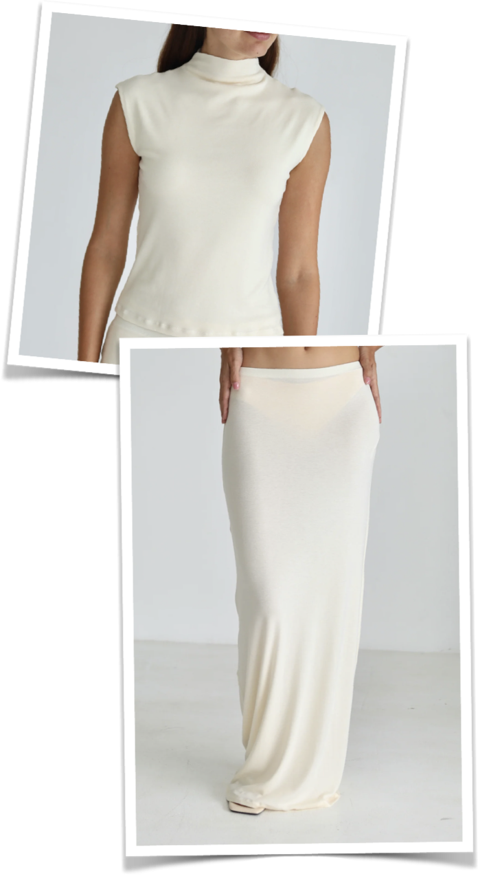 Off-shoulder top with a maxi skirt in ivory