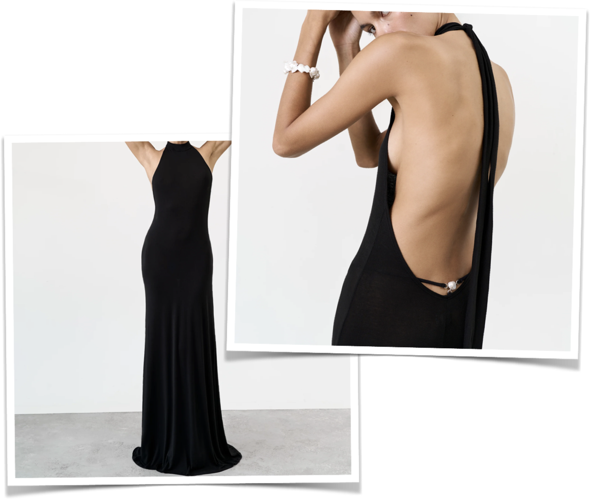 Long halter dress with an open back and knot in black