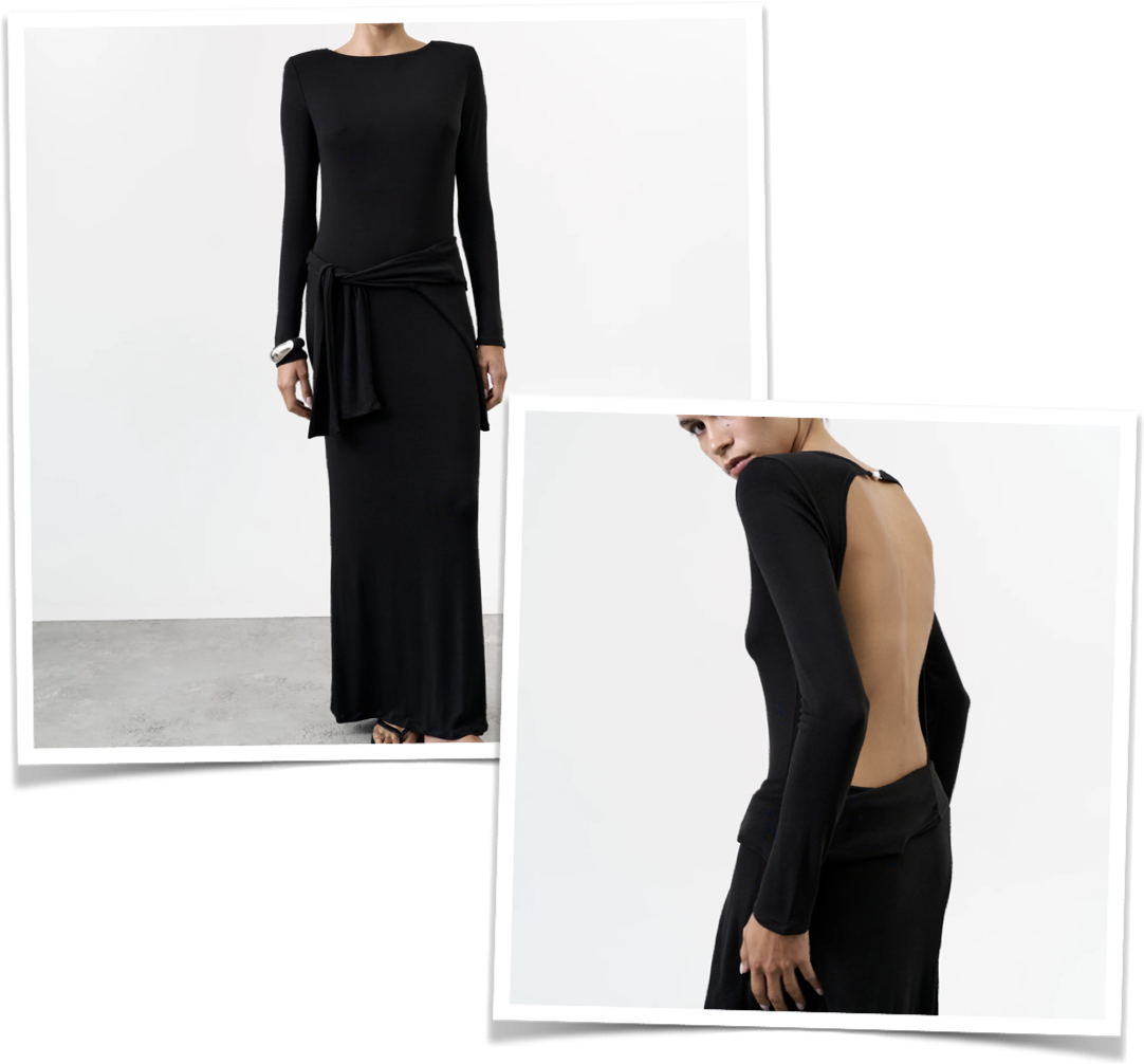 Long-sleeved maxi dress with a slit in black