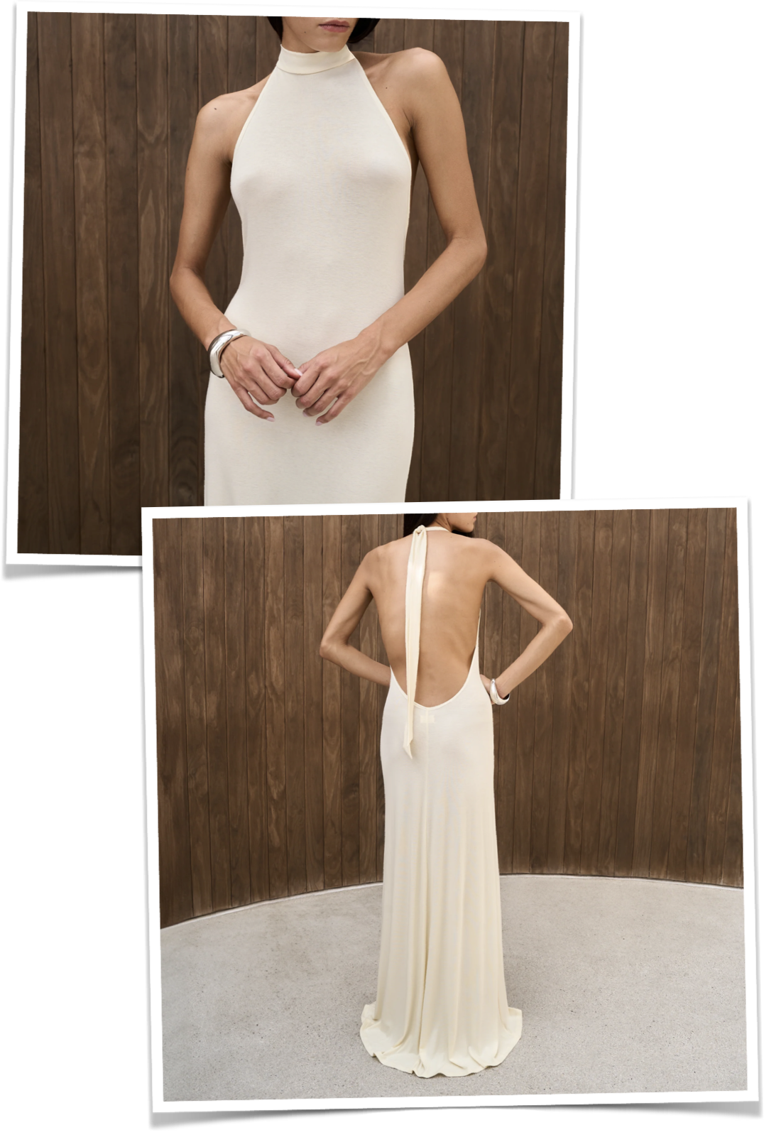 Long halter dress with an open back and knot in ivory