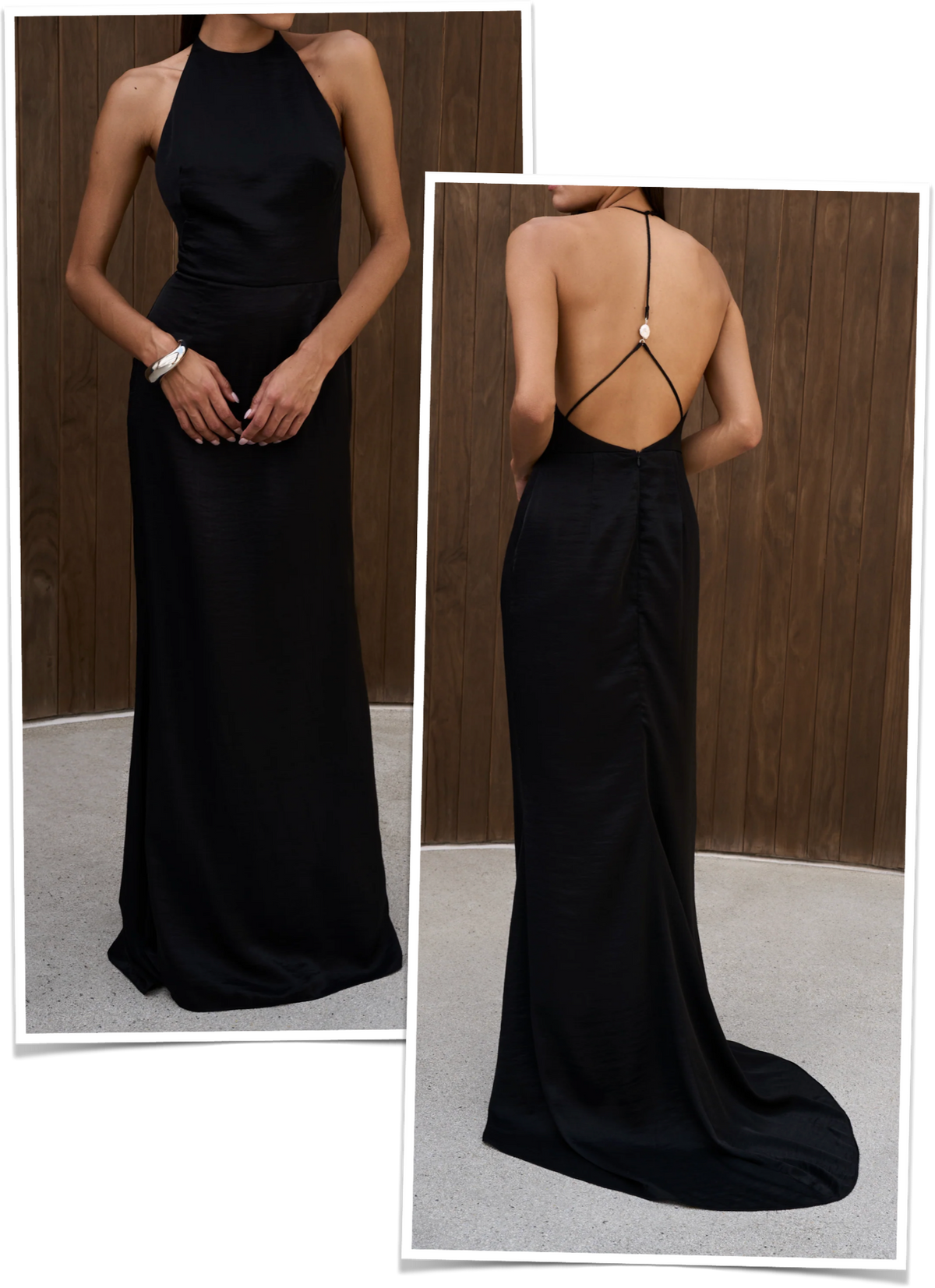 Long dress with a train and a pearl at the back in black