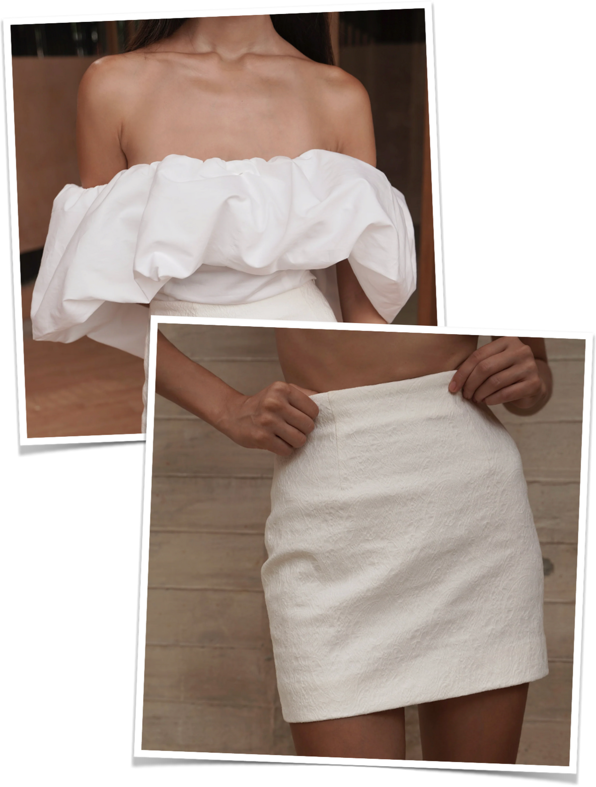 Voluminous off-shoulder top with a mini skirt in ivory