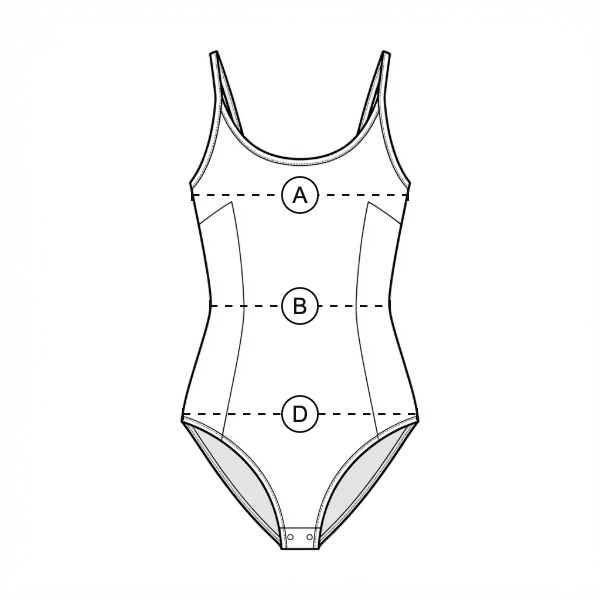 The piece laid flat, with a lettered line for each measurement