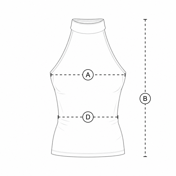 The piece laid flat, with a lettered line for each measurement