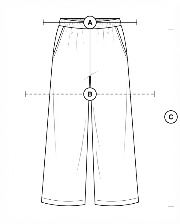 The piece laid flat, with a lettered line for each measurement