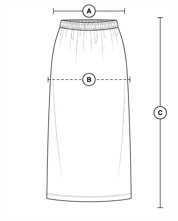 The piece laid flat, with a lettered line for each measurement